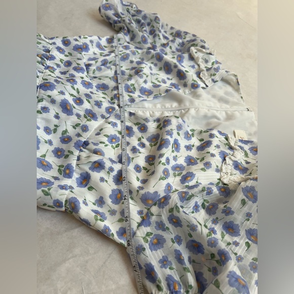 Since Then White Blue Floral Print Long Puff Sleeve A-line  Maxi Dress M V-neck - Picture 5 of 8